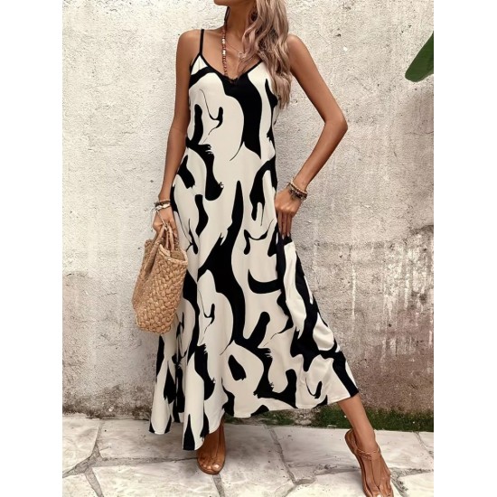 Kadın Ip Askılı V Yakalı Desenli Uzun Süprem Elbise , 31907