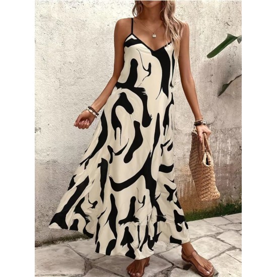 Kadın Ip Askılı V Yakalı Desenli Uzun Süprem Elbise , 31907