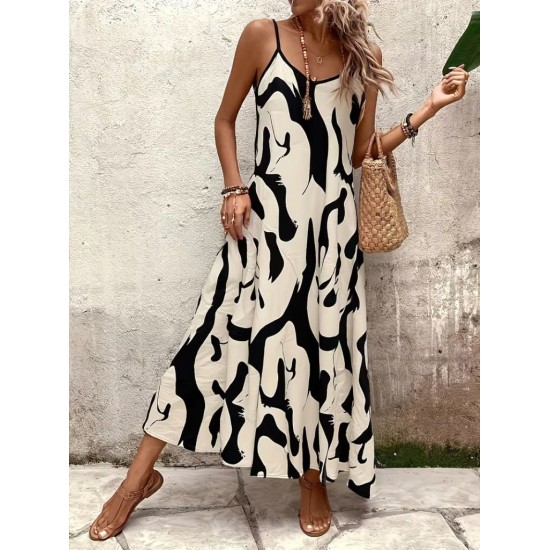 Kadın Ip Askılı V Yakalı Desenli Uzun Süprem Elbise , 31907