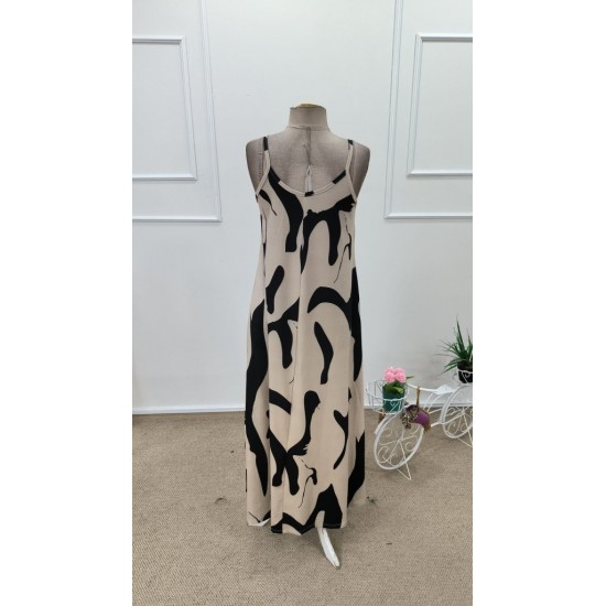 Kadın Ip Askılı V Yakalı Desenli Uzun Süprem Elbise , 31907