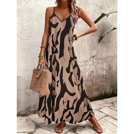 Kadın Ip Askılı V Yakalı Desenli Uzun Süprem Elbise , 31906