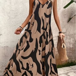 Kadın Ip Askılı V Yakalı Desenli Uzun Süprem Elbise , 31906