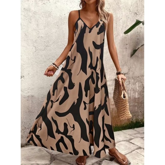 Kadın Ip Askılı V Yakalı Desenli Uzun Süprem Elbise , 31906