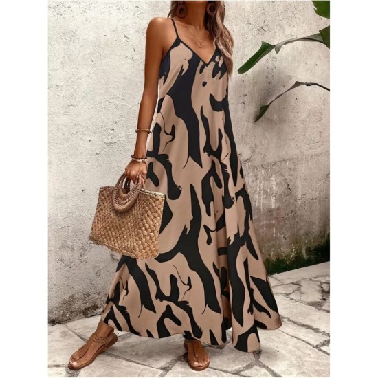 Kadın Ip Askılı V Yakalı Desenli Uzun Süprem Elbise , 31906