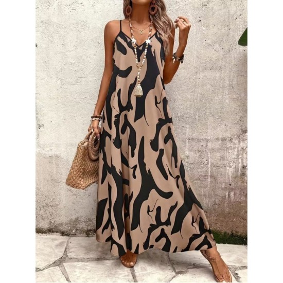 Kadın Ip Askılı V Yakalı Desenli Uzun Süprem Elbise , 31906