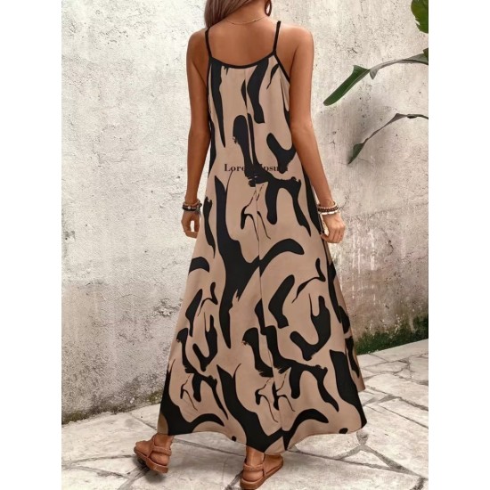 Kadın Ip Askılı V Yakalı Desenli Uzun Süprem Elbise , 31906