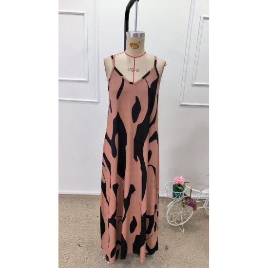 Kadın Ip Askılı V Yakalı Desenli Uzun Süprem Elbise , 31906