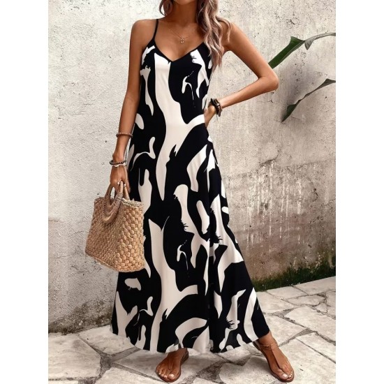 Kadın Ip Askılı V Yakalı Desenli Uzun Süprem Elbise , 31904