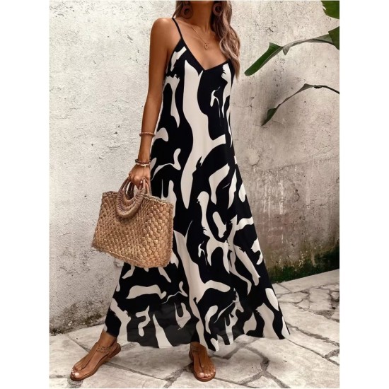 Kadın Ip Askılı V Yakalı Desenli Uzun Süprem Elbise , 31904