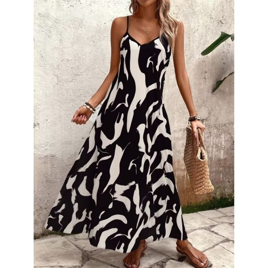 Kadın Ip Askılı V Yakalı Desenli Uzun Süprem Elbise , 31904