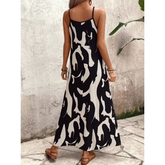 Kadın Ip Askılı V Yakalı Desenli Uzun Süprem Elbise , 31904