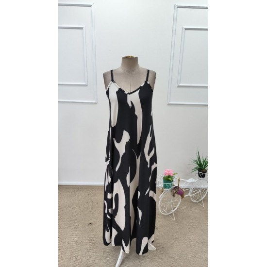 Kadın Ip Askılı V Yakalı Desenli Uzun Süprem Elbise , 31904