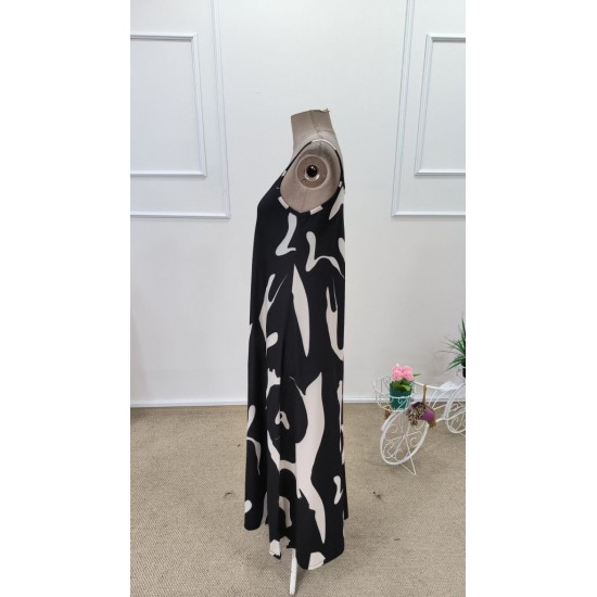 Kadın Ip Askılı V Yakalı Desenli Uzun Süprem Elbise , 31904