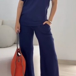 Kadın Kısa Kollu Bisiklet Yaka Viskon Iki Iplik Bluz Ve Pantolon Ikili Takım , 31921