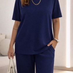 Kadın Kısa Kollu Bisiklet Yaka Viskon Iki Iplik Bluz Ve Pantolon Ikili Takım , 31921