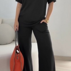 Kadın Kısa Kollu Bisiklet Yaka Viskon Iki Iplik Bluz Ve Pantolon Ikili Takım , 31919