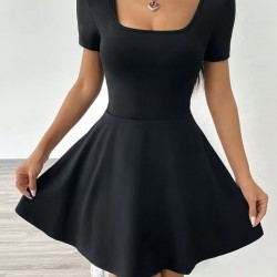 Kadın Kısa Kollu Kare Yakalı Cep Detaylı Dalgıç Elbise Tulum, 31914