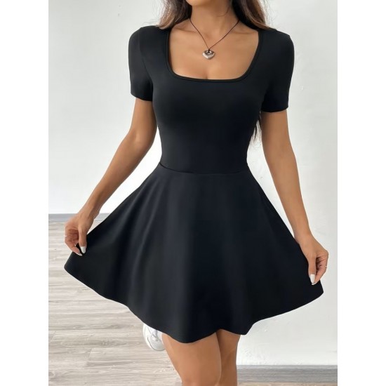 Kadın Kısa Kollu Kare Yakalı Cep Detaylı Dalgıç Elbise Tulum, 31914