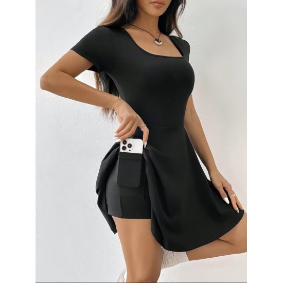 Kadın Kısa Kollu Kare Yakalı Cep Detaylı Dalgıç Elbise Tulum, 31914