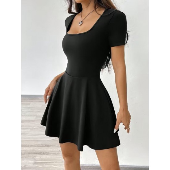 Kadın Kısa Kollu Kare Yakalı Cep Detaylı Dalgıç Elbise Tulum, 31914