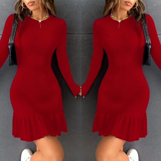 Kadın Bisiklet Yaka Uzun Kol Etek Ucu Fırfırlı Triko (polyenit) Mini Boy Elbise, 31923