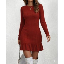 Women' S Crew Neck Long-sleeved Mini Dress With Ruffled Hem, Knitted (polyethylene), 31923
