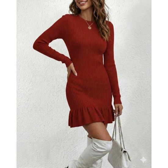 Kadın Bisiklet Yaka Uzun Kol Etek Ucu Fırfırlı Triko (polyenit) Mini Boy Elbise, 31923