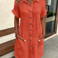 Kadın Kısa Kollu önden Düğmeli Cep Detaylı Mini Bürümcük Elbise , 31929