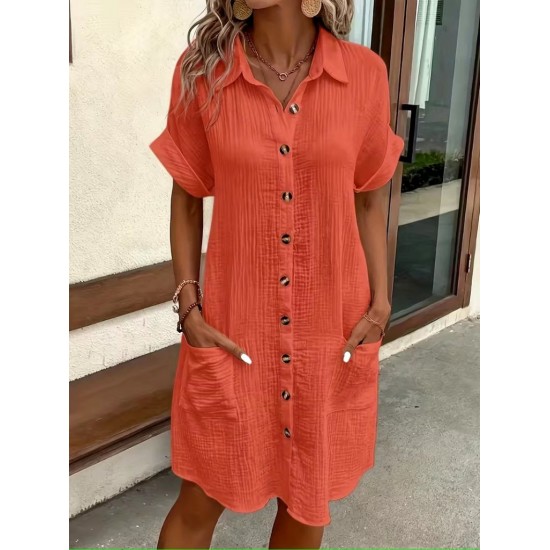 Kadın Kısa Kollu önden Düğmeli Cep Detaylı Mini Bürümcük Elbise , 31929