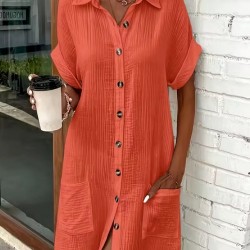 Kadın Kısa Kollu önden Düğmeli Cep Detaylı Mini Bürümcük Elbise , 31929 Kadın Kısa Kollu önden Düğmeli Cep Detaylı Mini Bürümcük Elbise , 31929