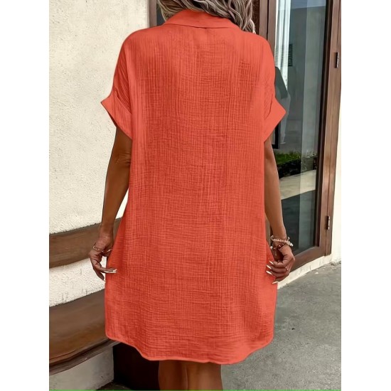 Kadın Kısa Kollu önden Düğmeli Cep Detaylı Mini Bürümcük Elbise , 31929