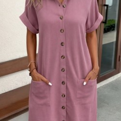 Kadın Kısa Kollu önden Düğmeli Cep Detaylı Mini Bürümcük Elbise , 31928