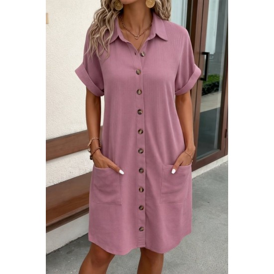 Kadın Kısa Kollu önden Düğmeli Cep Detaylı Mini Bürümcük Elbise , 31928