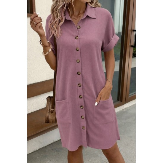 Kadın Kısa Kollu önden Düğmeli Cep Detaylı Mini Bürümcük Elbise , 31928