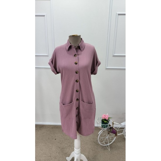 Kadın Kısa Kollu önden Düğmeli Cep Detaylı Mini Bürümcük Elbise , 31928