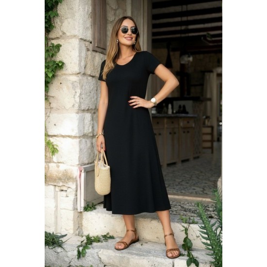 Kadın Kısa Kollu V Yakalı Yırtmaçlı Midi Viskon Elbise , 31951