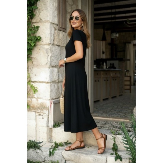 Kadın Kısa Kollu V Yakalı Yırtmaçlı Midi Viskon Elbise , 31951