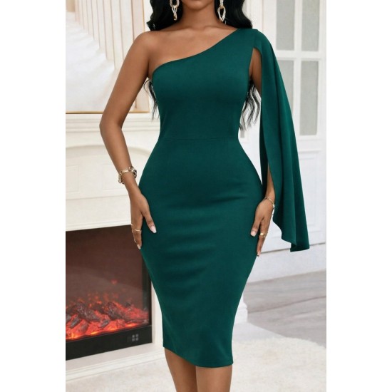 Kadın Tek Omuzu Açık Omuzdan Pelerinli Midi Ithal Krep Elbise , 31947