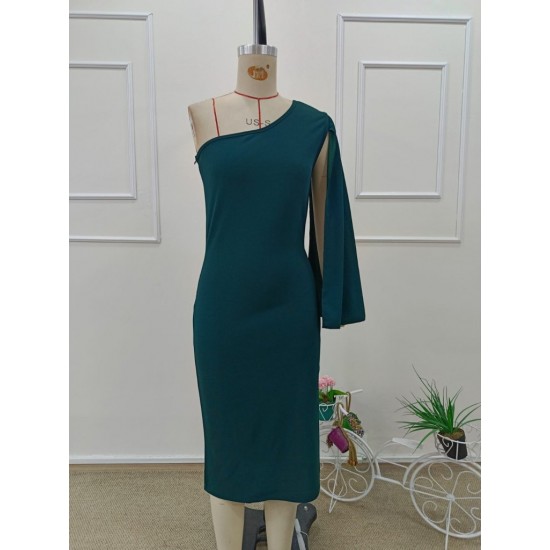 Kadın Tek Omuzu Açık Omuzdan Pelerinli Midi Ithal Krep Elbise , 31947