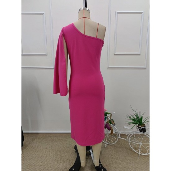 Kadın Tek Omuzu Açık Omuzdan Pelerinli Midi Ithal Krep Elbise , 31946