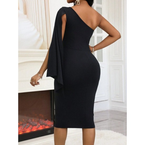 Kadın Tek Omuzu Açık Omuzdan Pelerinli Midi Ithal Krep Elbise , 31944