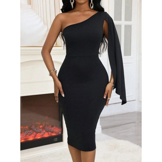 Kadın Tek Omuzu Açık Omuzdan Pelerinli Midi Ithal Krep Elbise , 31944