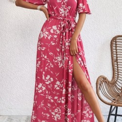 Kadın Ip Askılı Kısa Kollu Kruvaze Yakalı Yırtmaçlı Desenli Süprem Elbise, 31942 Kadın Ip Askılı Kısa Kollu Kruvaze Yakalı Yırtmaçlı Desenli Süprem Elbise, 31942