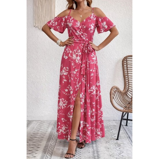 Kadın Ip Askılı Kısa Kollu Kruvaze Yakalı Yırtmaçlı Desenli Süprem Elbise, 31942