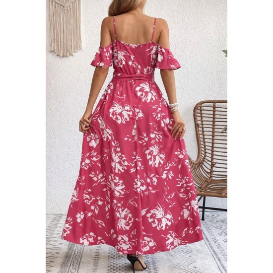 Kadın Ip Askılı Kısa Kollu Kruvaze Yakalı Yırtmaçlı Desenli Süprem Elbise, 31942