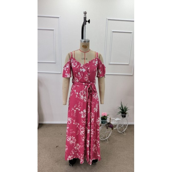 Kadın Ip Askılı Kısa Kollu Kruvaze Yakalı Yırtmaçlı Desenli Süprem Elbise, 31942