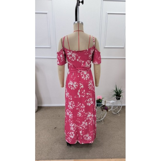 Kadın Ip Askılı Kısa Kollu Kruvaze Yakalı Yırtmaçlı Desenli Süprem Elbise, 31942