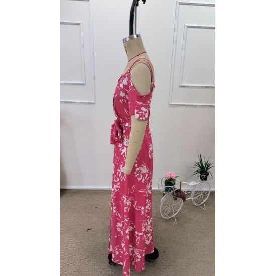 Kadın Ip Askılı Kısa Kollu Kruvaze Yakalı Yırtmaçlı Desenli Süprem Elbise, 31942