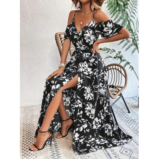 Kadın Ip Askılı Kısa Kollu Kruvaze Yakalı Yırtmaçlı Desenli Süprem Elbise, 31940