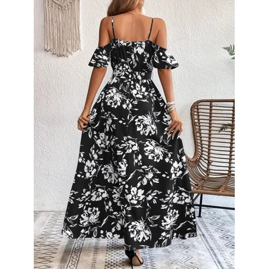 Kadın Ip Askılı Kısa Kollu Kruvaze Yakalı Yırtmaçlı Desenli Süprem Elbise, 31940